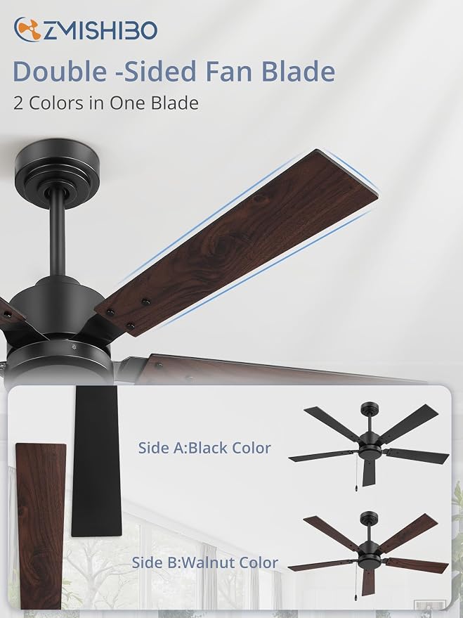 ZMISHIBO 52 Inch Ceiling Fan No Light with Pull Chain, Modern Ceiling Fan without Lights, 6-Speeds, Quiet DC Motor, Remote Control, Black Ceiling Fan for Bedroom, Living Room, Indoor/Outdoor Use