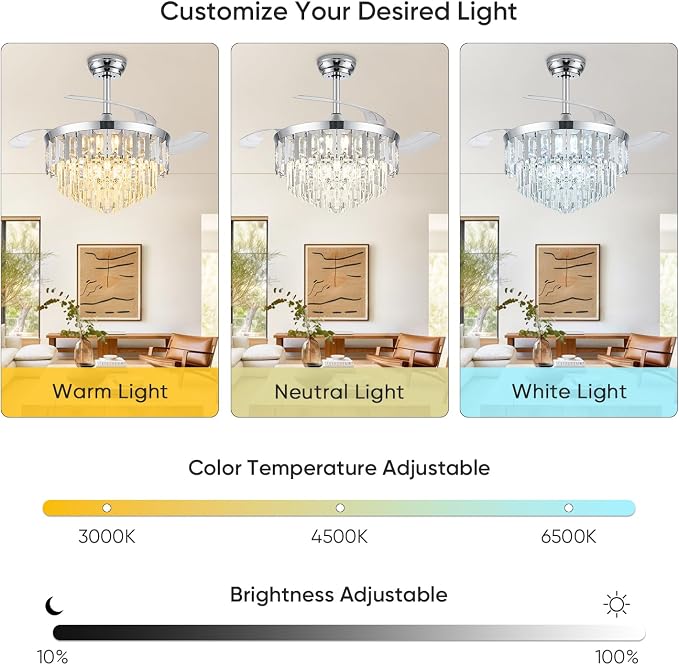 TXCSLY 42" Fandelier Ceiling Fan with Light, Crystal Chandelier Fan with Retractable Blades Dimmable Crystal Ceiling Fan Chandelier for Bedroom Living Room Dining Room-Chrome
