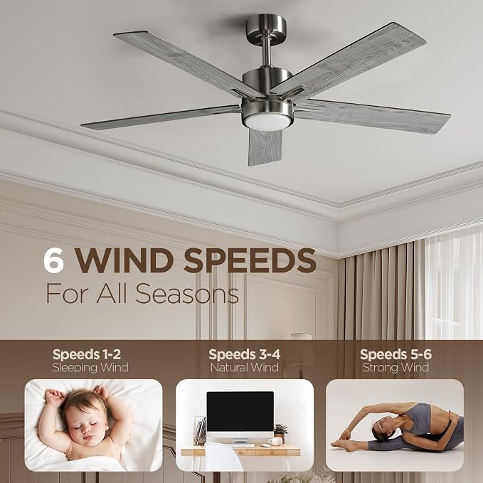 52 Inch Ceiling Fan Brushed Nickel Remote Controlled Dimmable Light Combo - Quiet Reversible - 5 Grey Blades
