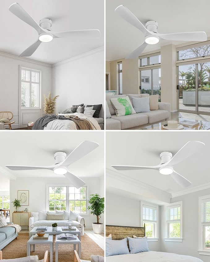 52-Inch White Ceiling Fan with Lights, Remote Control, Flush Mount, Dimmable, Reversible, Wood Blades, Power-Off Memory, Quiet DC Motor – Modern Hugger Ceiling Fan for Indoor Outdoor