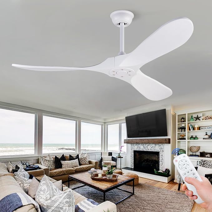 Ceiling Fans without Lights, 52 Inch Ceiling Fans no Lights with Remote Control, 3 Solid Wood Blades， Indoor Outdoor Ceiling Fan for Living Room Patios Bedroom Kitchen (White Blades)