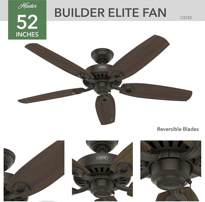 Hunter Builder Elite, Indoor, Ceiling Fan, No Light, 52 inch, New Bronze | Standard Mount, Pull Chain, 5 Blades, For Bedroom, Living Room, Kitchen, 53242