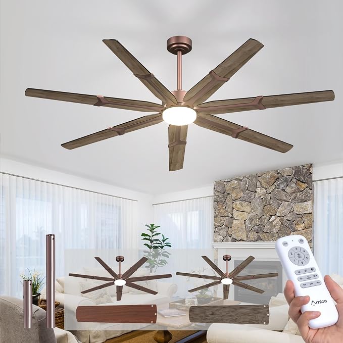 Amico 72 Inch Ceiling Fans with Lights and Remote, Indoor Outdoor Ceiling Fan for Patio Living Room, Kitchen, Quiet 6-Speed Reversible DC Motor, Dual-Sided Blades, Brown Farmhouse Dimmable & 3CCT