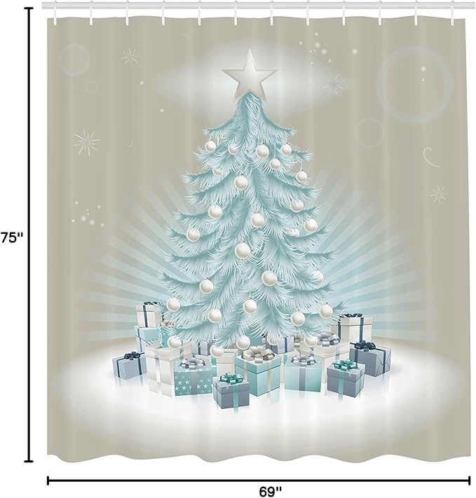 Ambesonne Christmas Shower Curtain, Merry Xmas Themed Fir Tree with Ornate Tree Topper and Baubles, Cloth Fabric Bathroom Decor Set with Hooks, 69" W x 75" L, Mint Green Slate Blue