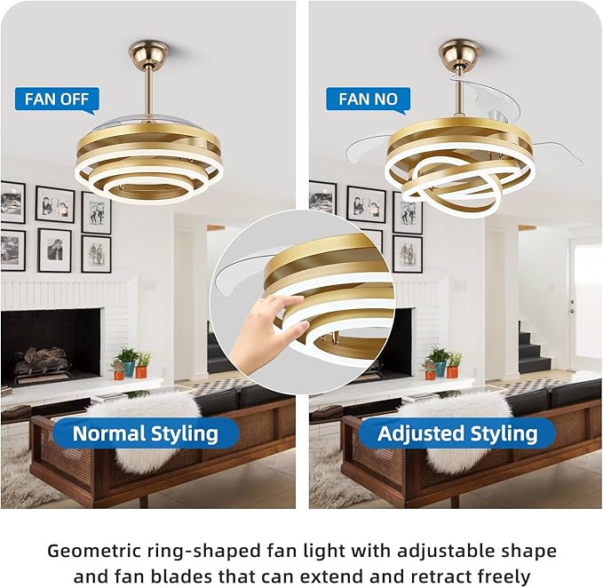 42 Inch Retractable Ceiling Fan with Lights, Fandelier Gold Ceiling Fan with 6 Speeds,3000K-6000K Adjustable,DC Motor,Chandelier Ceiling Fans with Lights and Remote for Bedroom Living Room