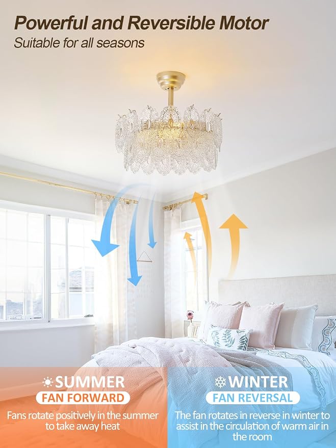 20" Gold Fandelier Ceiling Fans with Lights, Crystal Chandelier Ceiling Fans with Lights Remote Control, Mid Century French Caged Fandelier with 6 Speeds for Bedroom, Living Room
