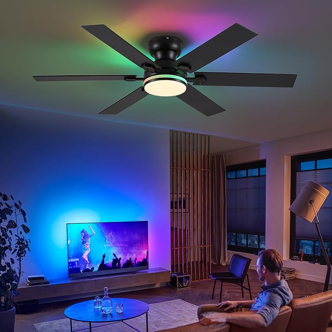52"6-Blade Black Modern Low Profile RGB Ceiling Fans with Lights and Remote | 14 RGB Modes ,6 Wind Speeds, Reversible, Dimmable 3 Light Colors LED Light, Noiseless Quiet DC Motor,6 Double-Sided Blades