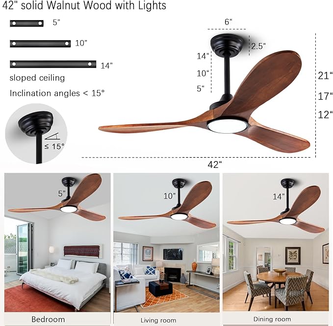 QUTWOB 42" Wood Ceiling Fan with Light, Reversible DC Motor, Remote Control | solid wood blades, quiet 6-speed reversible dc inverter motor, remote control, 3-color led, for indoor outdoor patio garage