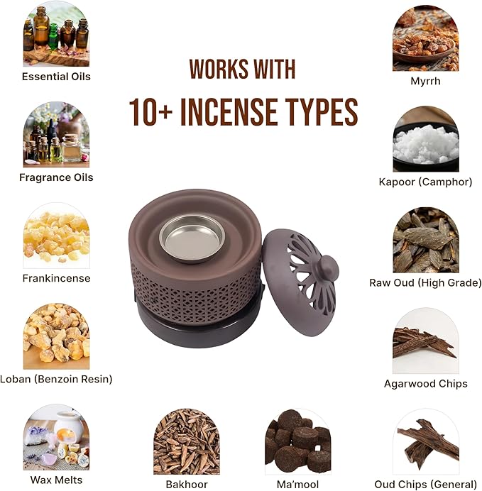 Ceramic Electric Incense Burner with Temperature Control, Timer & Night Light – Bakhoor & Resin Warmer (Brown)