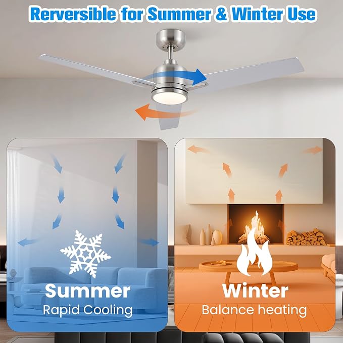 Newday 48 Inch Ceiling Fans with Lights Remote, Brushed Nickel Ceiling Fans Dimmable 3 Color Temperature, Timer, 3 Blades, 6 Speed Modern Fan Quiet Reversible DC Motor for Indoor or Covered Outdoor