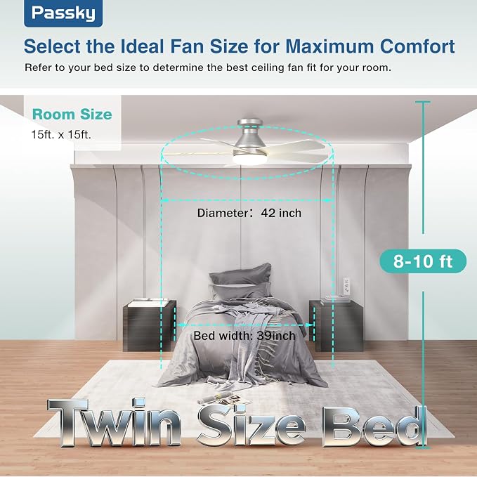 Passky Ceiling Fans with Lights, 42 inch Flush Mount Ceiling fan with Remote Control, Low Profile Ceiling Fan for Bedroom, Farmhouse, Reversible, 3CCT, Dimmable, Noiseless DC Motor, Silver