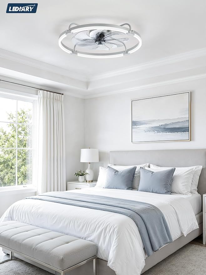 LEDIARY Ceiling Fans with Lights and Remote, Low Profile fan Light, Grey | 24 Inch 3000K-6000K Stepless Dimmable Fandelier, Reversible DC Motor, Remote and APP Control, Bedroom Kitchen Living Room