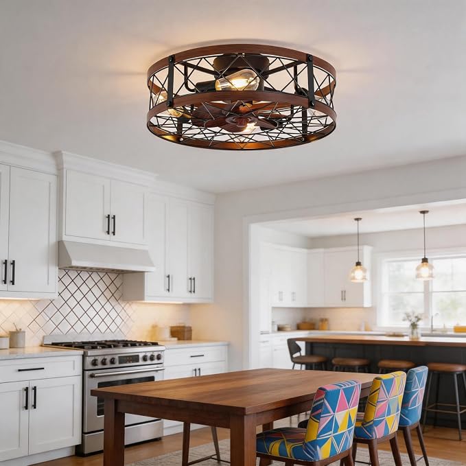 REDSTAR Flush Mount Caged Ceiling Fan with Lights, 20" Small Bladeless Ceiling Fans with Remote, Rustic Low Profile Ceiling Fans Quiet Reversible Enclosed Farmhouse Ceiling Fan for Bedroom Kitchen