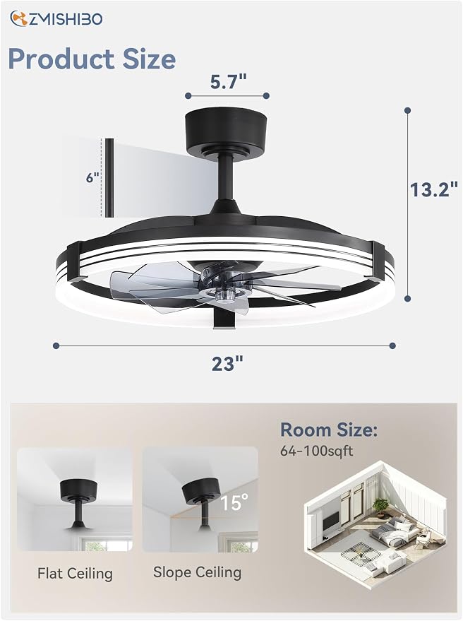 ZMISHIBO 23" Ceiling Fans with Lights and Remote, Low Profile Ceiling Fan with Light, 3 CCT, Stepless Dimmable, 6 Speeds, Noiseless, App & Remote Control, Black Fan Light for Bedroom, Living Room