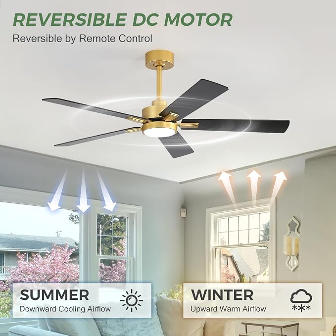 Ceiling Fans with LED Lights, 52 Inch 5-Blade Ceiling Fan Remote Control, Industrial Ceiling Fan with Reversible DC Motor, Downrod Mount LED Ceiling Light Chandelier for Bedroom (Gold & Black)