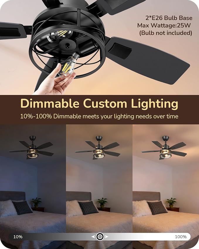 EDISHINE 42" Farmhouse Ceiling Fans with Lights and Remote, 10%-100% Dimmable, 6 Speeds, 5 Wood Blades, Reversible DC Motor, Timer, Quiet, Rustic Caged Fandelier Ceiling Fan for Bedroom Living Room