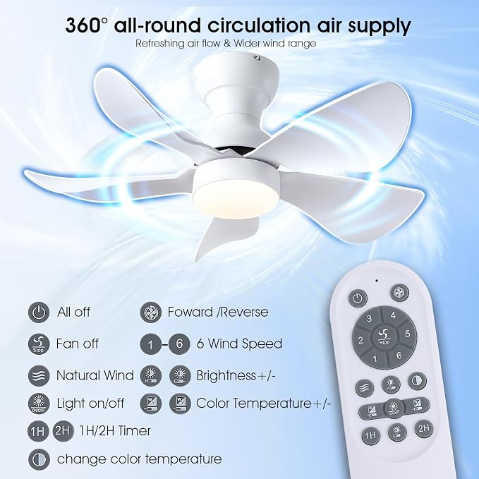 Kviflon 30 Inch Ceiling Fans with Lights and Remote Control, Flush Mount Ceiling Fans with 5 Reversible Curved Blades, 3 Colors Dimmable 6 Speeds Ceiling Fan for Bedroom Kitchen Dining Room, White