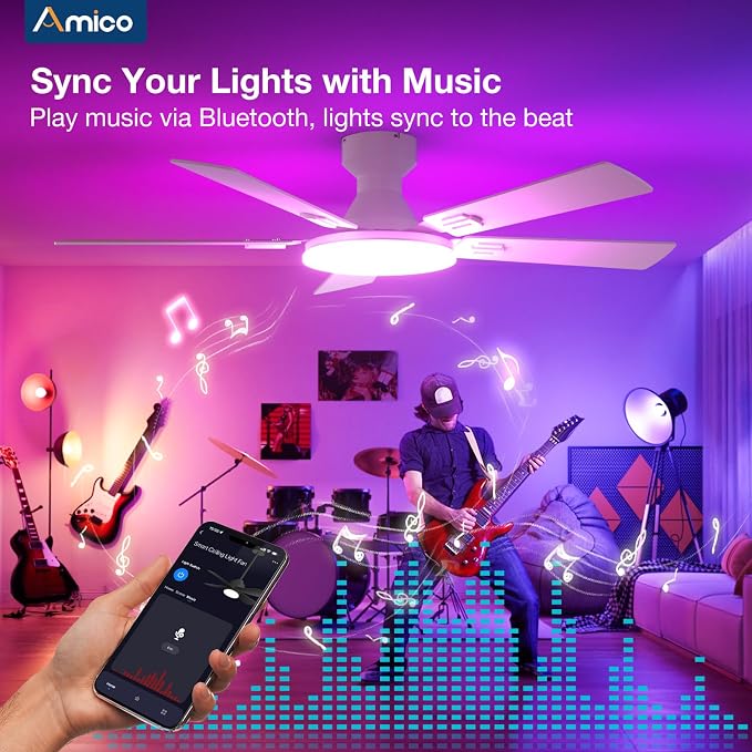 Amico Ceiling Fans with Lights, 52'' Smart RGB Ceiling Fan with Remote/APP/Alexa Control, Flush Mount, Reversible DC Motor, 5 Blades, 6 Speeds, 3CCT, Dimmable, Noiseless, Bedroom, Living Room, White