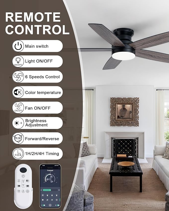 Coolwind 48in Flush Mount Ceiling Fan with Light, Display Remote/APP Control, Black Modern Silent Low Profile Ceiling Fan, 8 Speeds, Dimmable, 3CCT, DC Reversible Motor for Bedroom, Living Room