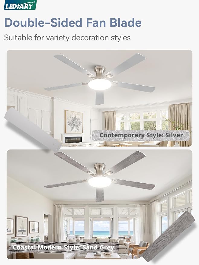 60 Inch Ceiling Fan with Lights and Remote, 30W 12" LED Panel Flush Mount Ceiling Fan, 6-Speed Quiet DC Motor Modern Low Profile Ceiling Fan with Reversible Blades for Bedroom, Living Room, Patio