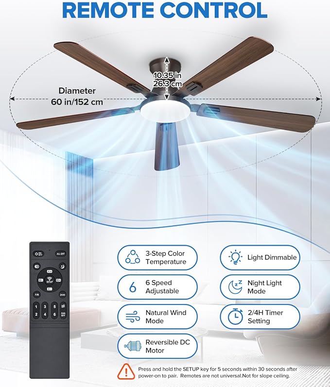 UME 60" Ceiling Fan with Lights & Remote, 6 Blades Low Profile Ceiling Fan, Quiet DC Motor, Natural Wind, 6 Speeds, 3CCT Dimmable 20W LED Modern Ceiling Fan for Bedroom, Living Room, Brown