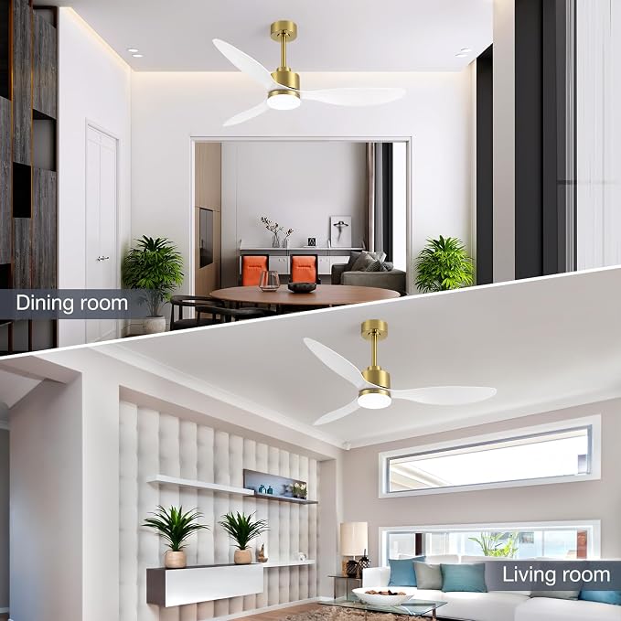 52" Contemporary Ceiling Fans with Lights and Remote, Quiet DC Motor, 3 Reversible Blades, 6-Speed, Modern Gold and White Low Profile Ceiling Fan with 3-Color LED Light Fandelier for Bedroom