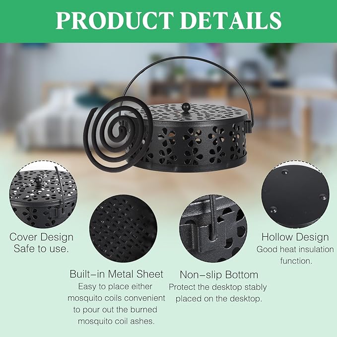 4 Pcs Mosquito Coil Holder Incense Coil Holder, Retro Iron Portable Hanging Outdoor Incense Burner Holder with Handle Round Metal Incense Holder for Home Camping Indoor Outdoor Patio (Black)