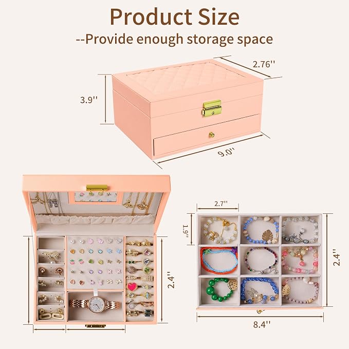 coobest Jewelry Box, 2 Layer Jewelry Organizer with Velvet Earring Organizer, Jewelry Holder Organizer Travel, White Jewelry Boxes for Women, Jewelry Boxes & Organizers for Girls, pink