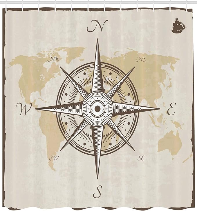 Ambesonne Compass Shower Curtain, Nautical Compass on Background Old Map with Torn Border Frame Illustration Print, Cloth Fabric Bathroom Decor Set with Hooks, 69" W x 70" L, Taupe Beige