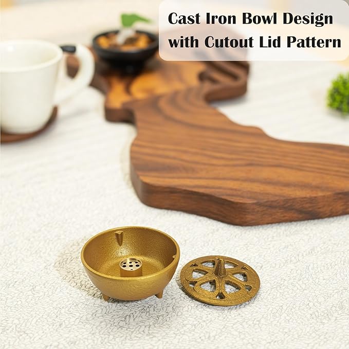 Small Cast Iron Incense Burner Holder, Home Decor, Bowl Design with Lid, Golden Incense for Sticks, Resin, Cone Incense or Wax Melts, Cense with Stand Base for Yoga, Spa, Room, Office