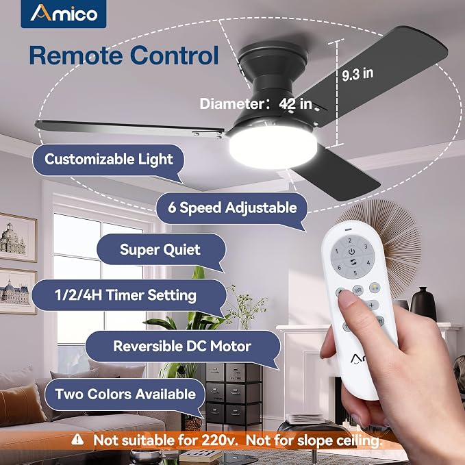Amico 2 Pack Ceiling Fans with Lights, 42 inch Low Profile Ceiling fan with Light and Remote Control, Flush Mount, Reversible, 3CCT, Dimmable, Noiseless, Black Ceiling Fan for Bedroom, Indoor/Outdoor