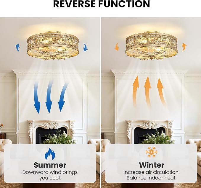 Gold Caged Ceiling Fan with Lights 19 Inch Vintage Crystal Fandelier Enclosed Bladeless Ceiling Fan with Remote Flush Mount Low Profile Ceiling Fan for Bedroom Living Room Kitchen