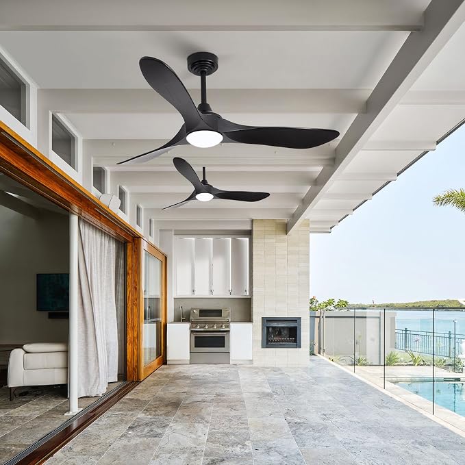 52” Outdoor Ceiling Fan with Light and Remote via WiFi Alexa, 3 Black Solid Wood Blade, Noiseless Reversible Dc Motor, Smart Outdoor Wood Ceiling Fan for Farmhouse Patios, Black