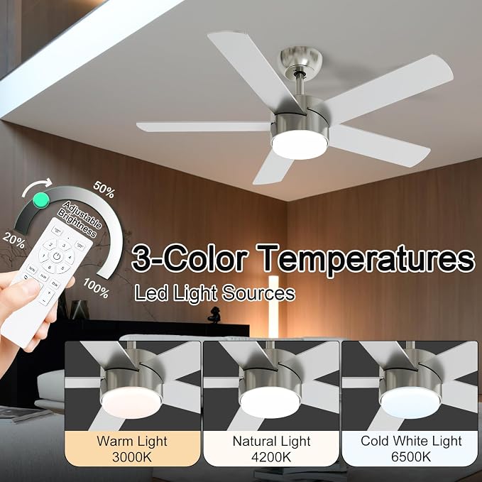 POCHFAN 42 Inch Brushed Nickel Ceiling Fans with Lights,Ceiling Fan with Remote Control,Reversible DC Motor,3 CCT 6-Speed,Noiseless Ceiling Fan for Bedroom,Living Room,Dining Room,ETL Listed