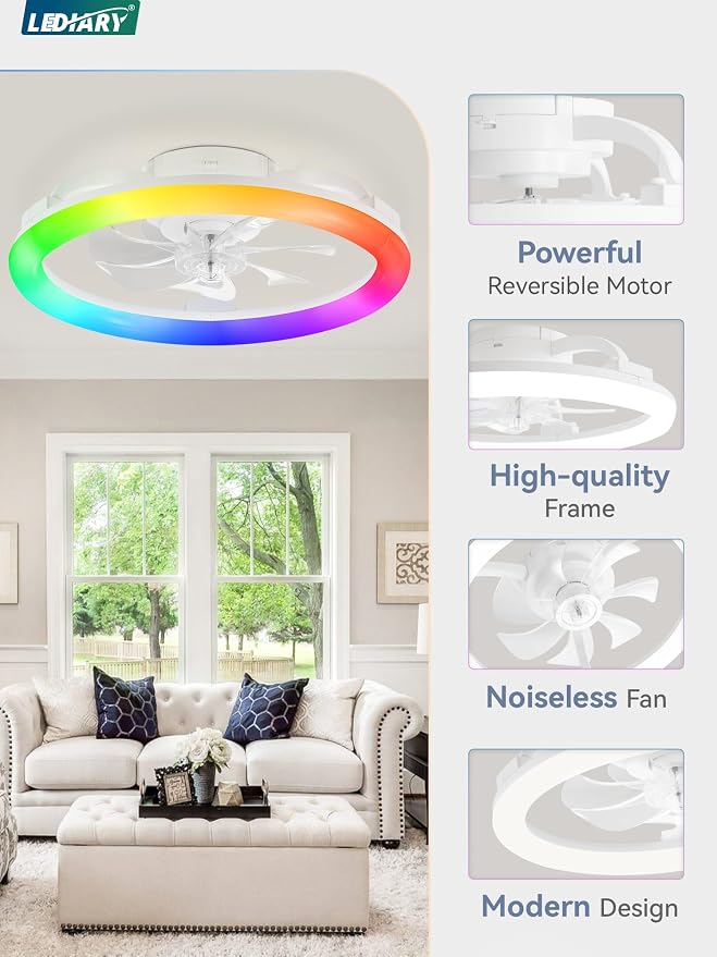 LEDIARY RGB Low Profile Ceiling Fans with Lights and Remote, 20 Inch Dimmable Modern Ceiling Fan(3000K-6000K), 6 Speed, Reversible, APP & Remote Control, Flush Mount Fan Light, White RGB Ceiling Fans