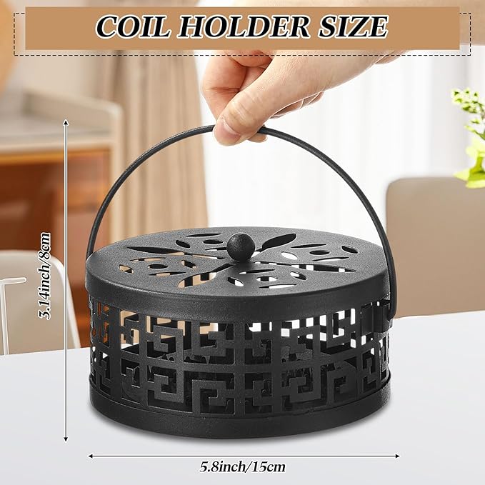 Lallisa 4 Pieces Mosquito Coil Holder Incense Coil Holder Round Retro Portable Metal Hanging Incense Burner with Handle for Home Camping Indoor Outdoor Patio(Black,Metal Sheet Included)