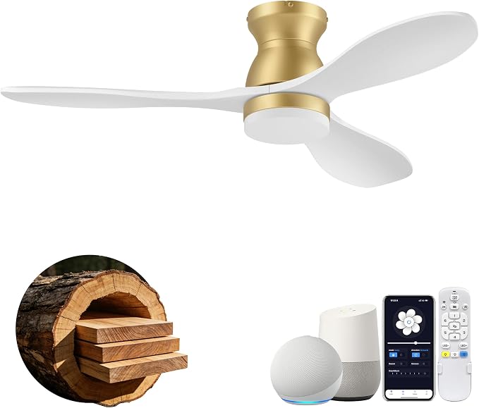 42" Wood Ceiling Fans with Lights Remote,Smart Control via WIFI Voice Alexa APP,White and Gold Flush Mount Ceiling Fan,Dimmable,6 speed,Quiet Motor,Outdoor Indoor Low Profile Fan for Bedroom,Patio
