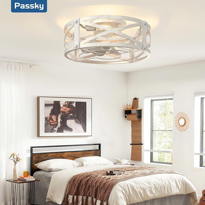 Passky 20" Farmhouse Flush Mount Ceiling Fans with Lights and Remote, Industrial White Caged Low Profile Fandelier, 6 Speeds Bladeless Ceiling Fan for Bedroom, Kitchen, Living Room