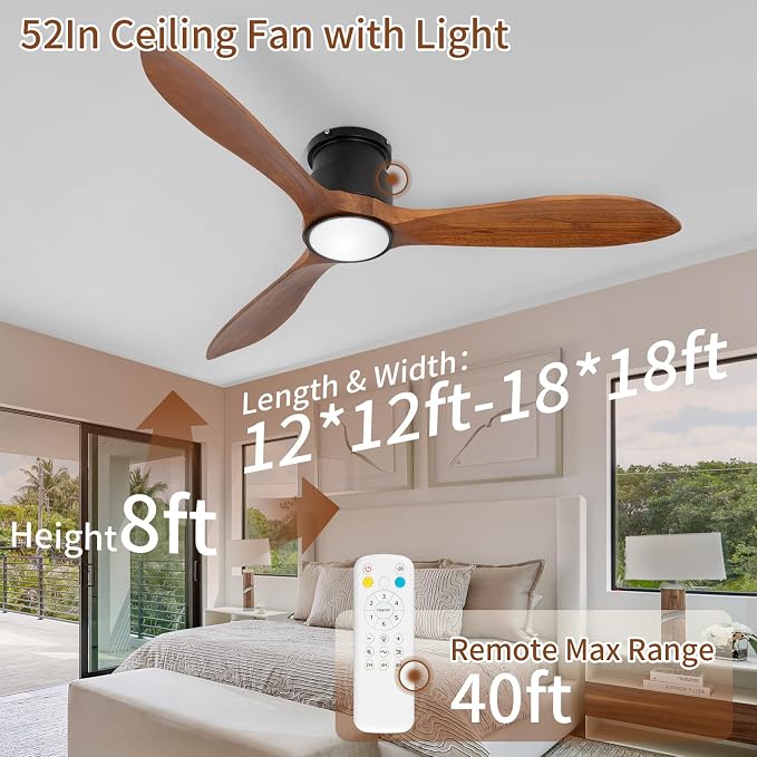52" Low Profile Ceiling Fan, Flush Mount Ceiling Fan with Lights Remote Control, DC Motor with Wood Blades, 6-Speed & Timer for Bedroom/Living Room/Walnut Wood