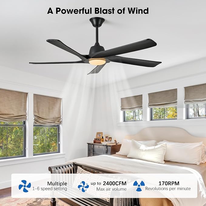 60 Inch Solid Wood Ceiling Fan with Light, Remote and APP Control, 3-color Dimmable, DC Motor, 6-speed Reversible, Farmhouse Ceiling Fans for Bedrooms, Outdoor Patios, Black