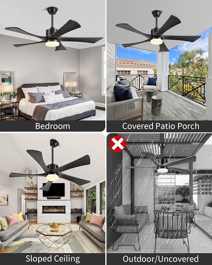 52 Inch Ceiling Fans with Light Remote, Black Ceiling Fan USA Original Patent, 3 Downrods, 5 Wood Blades,ETL Listed, 6 Speed Quiet DC Motor Outdoor Indoor Fan for Bedroom, 52" Black