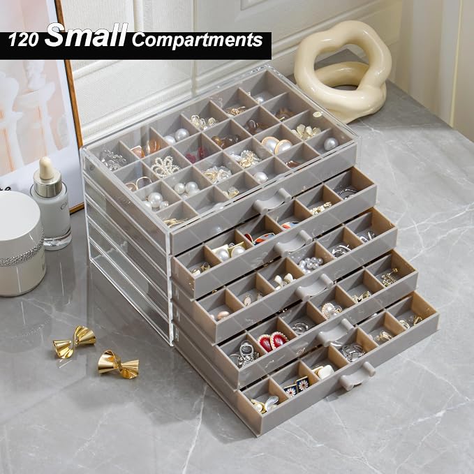 YUFONG Earring Storage Box Organizer, Acrylic Jewelry Storage Box Holder 5 Drawers Transparent Jewelry Display Stand with 120 Small Compartments Gift Boxes for Women Girls (Gray)