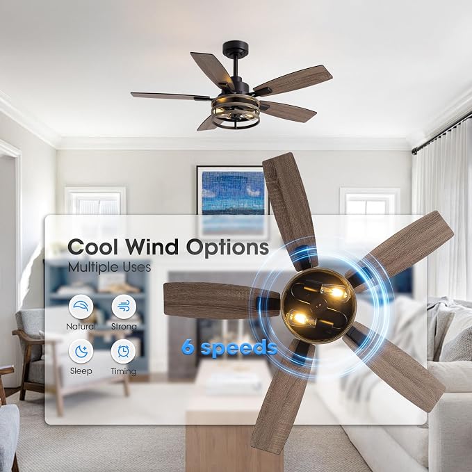 LuminFan 46 Inch Ceiling Fans with Lights and Remote Control, Farmhouse Ceiling Fan for Bedroom Living Room and Patio, Black Caged Ceiling Fan for Indoor and Outdoor