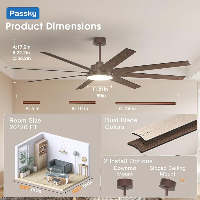 80 Inch Ceiling Fans with Lights, Large Modern Ceiling Fan with Light and Remote Control, Reversible, 3CCT, Dimmable, Quiet, Brown Ceiling Fan for Bedroom Living Room Patio Farmhouse, Indoor/Outdoor