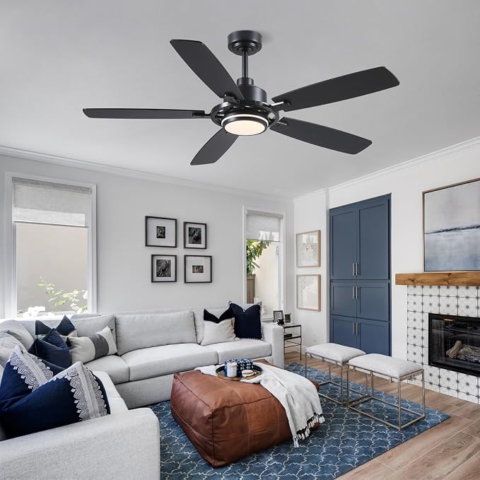 SHIHOT 54" Black Modern Ceiling Fans with Lights&Remote for Bedroom Kitchen | 6 Wind Speeds, Reversible, Dimmable 3 Light Colors LED Light, 30W Noiseless DC Motor,5 Double-Sided Blades,2H Timer