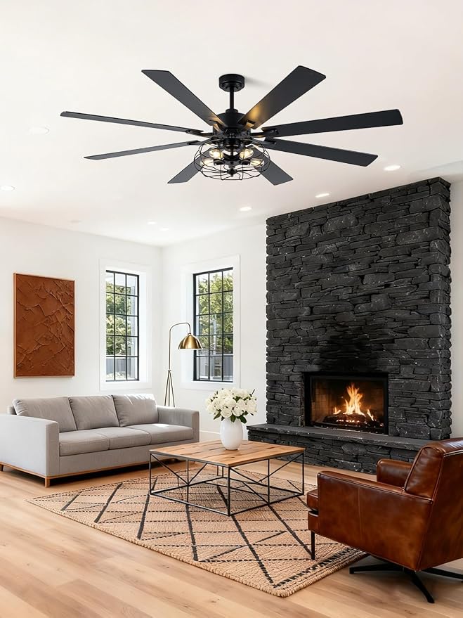 72 Inch Industrial Farmhouse Ceiling Fan with Lights and Remote, Black Vintage Caged Chandelier Ceiling Fan with 5 Reversible Wooden Blades for Dining Room Living Room Bedroom