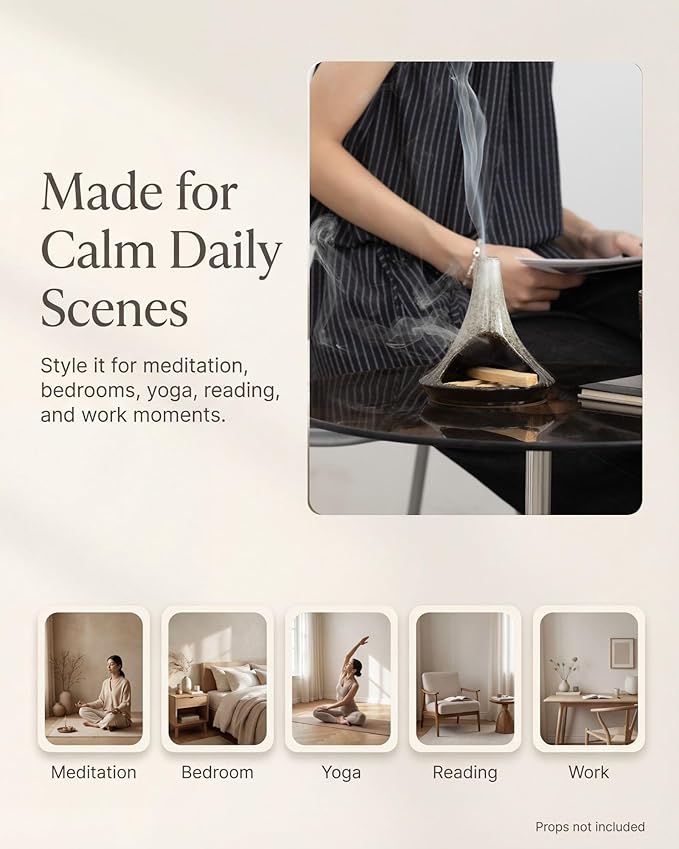 Ceramic Palo Santo Holder & Ash Catcher with Mini Chimney, Incense Holder & Sage Burner, Wabi-Sabi Home Decor for Meditation & Yoga (Ash Stone)
