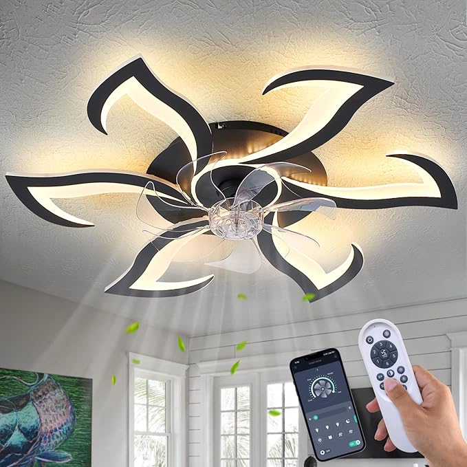 Dalouguan 32" Black Modern Ceiling Fan with Lights Remote Control, 6 Speeds 3 Light Color Low Profile Flush Mount Ceiling Fan for Kitchen Bedroom
