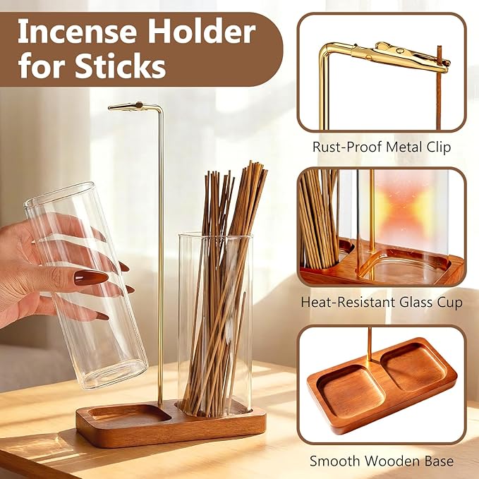 2-in-1 Incense Holder for Sticks with Dual Tall Glass Jars, Incense Burner with Glass Ash Catcher & Storage for Meditation Yoga Spa Room Home Decor