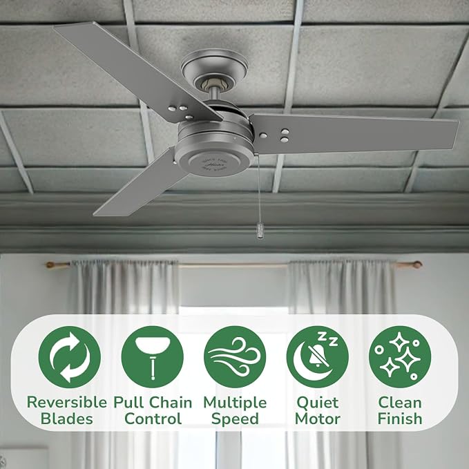 Hunter Cassius, Outdoor or Indoor, Ceiling Fan, 44 inch, Matte Silver | Covered patios and porches get a no-light design, droop-free blades, and compact scale for offices or small rooms.